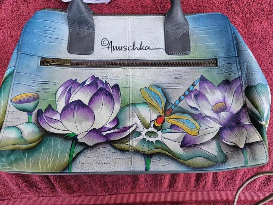 Bolsa satchel Anuschka de couro pintada à mão lagoa tranquila e bolsa de moedas combinando - Imagem 4 de 4