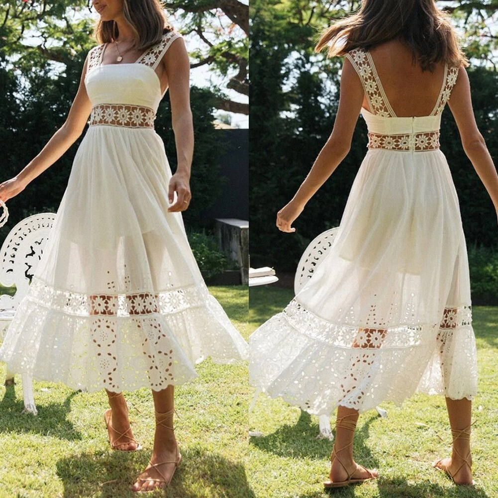 Robe longue femme boh me en dentelle blanche design creux robe de