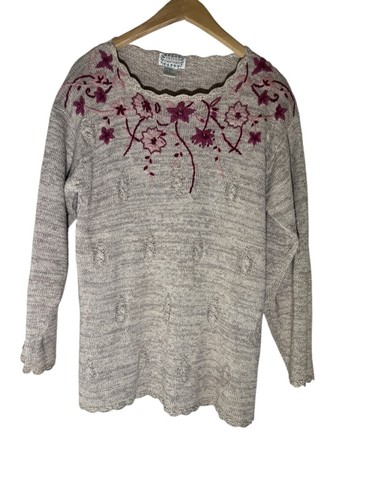 Women's Vintage Cotton Collectibles Sweater Small Cream Pink Embroidered