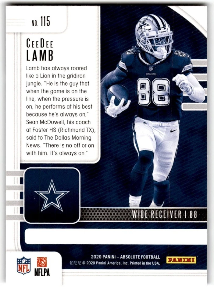 2020 Panini Absolute CeeDee Lamb Rookie #115 Dallas Cowboys - Image 2 of 2