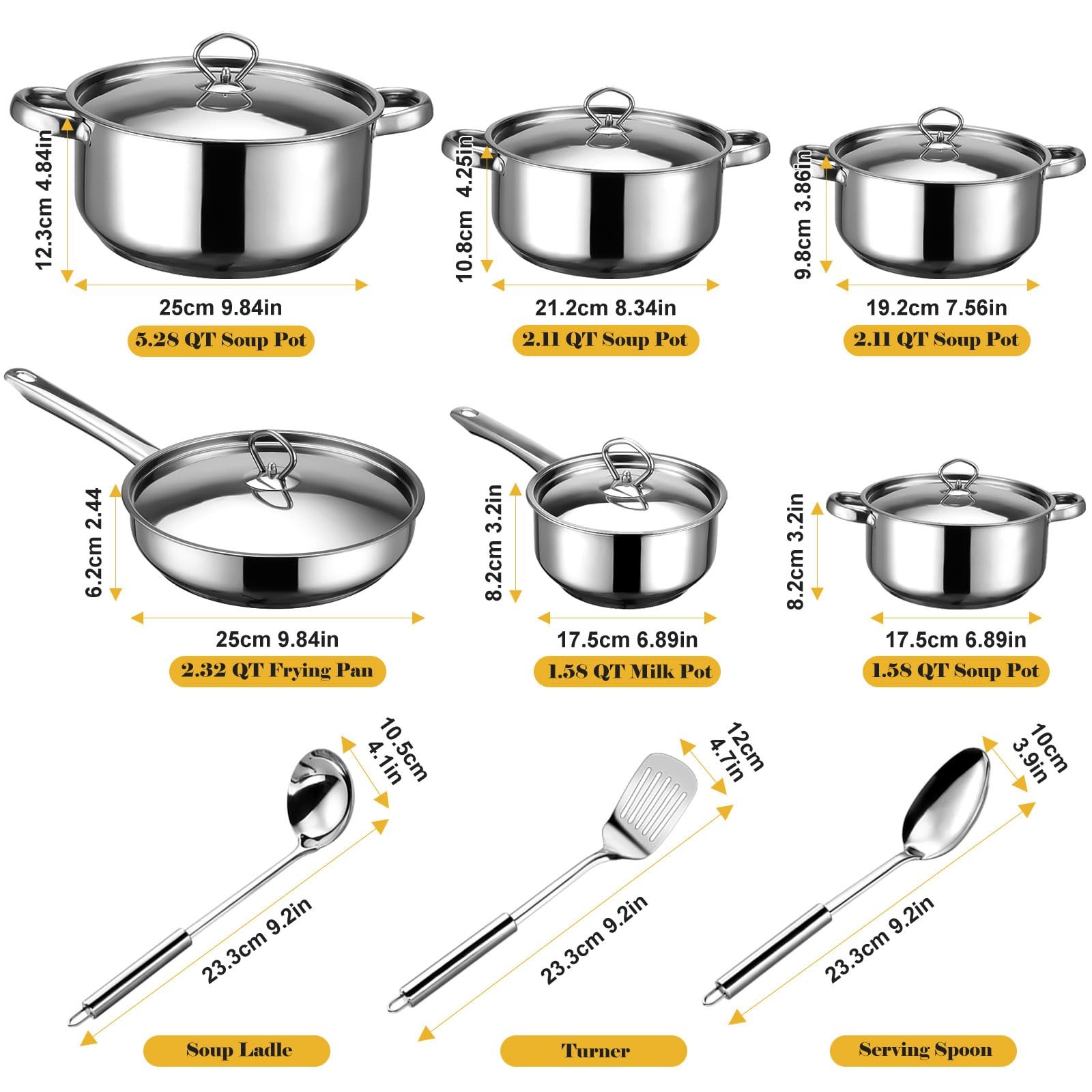 Cookware Set - 15 Piece Stainless Steel Includes 6 Pots and Pans 6 Lids and