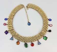 Vtg Disco Gold Tone Chain Belt Colorful Rhinestone Dangle Large Statement 38"