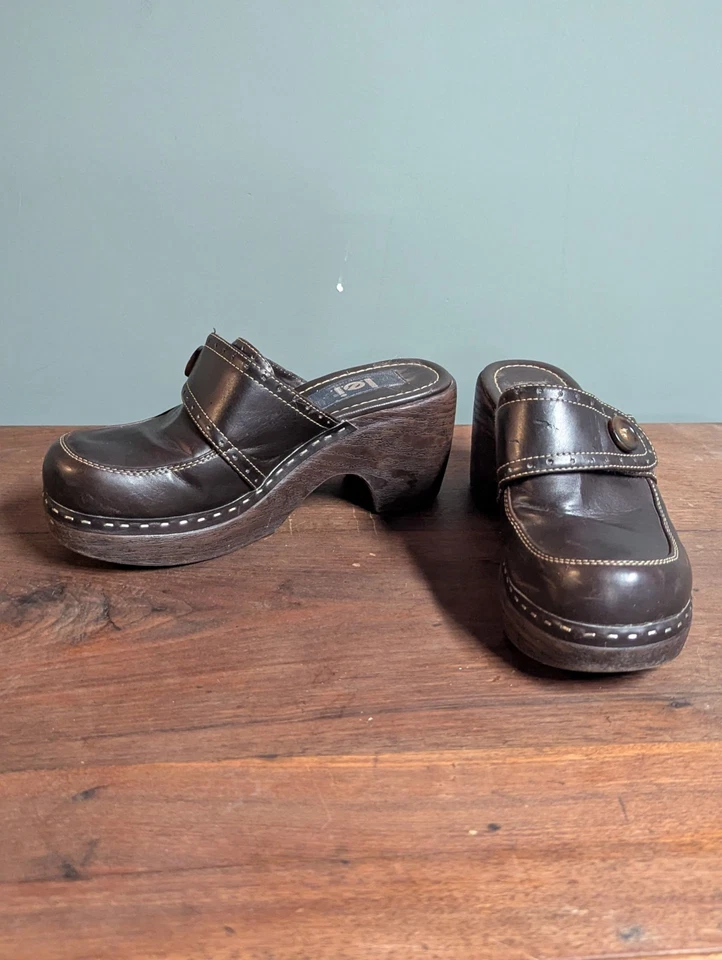 Vintage 90s Grunge Goth EDM Womens 8.5 Chunky Platform Wedge Clog Shoes Brown - Image 2 of 4