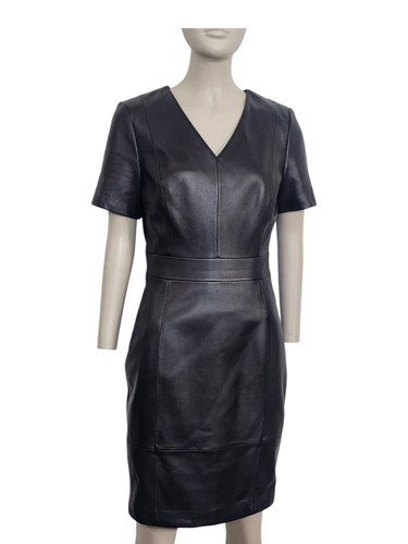 Antonio Melani Leather Sheath Dress Womens Size 2 Black Short Sleeve - Picture 2 of 10