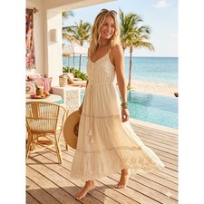 NEW Anthropologie Raga Boho Cotton Babydoll Midi Dress Lace Midi Dress Cream XS