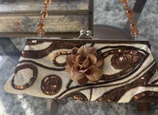 Vintage Y2K Beaded Strap Sequin Floral Evening Clutch Bag Brown Rose