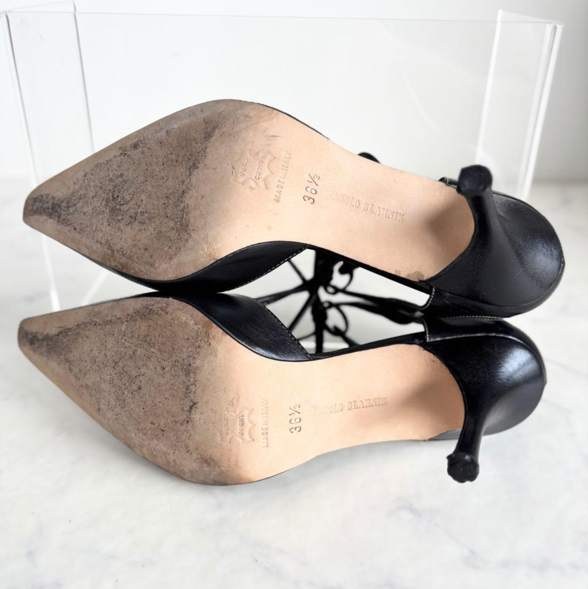 Manolo Blahnik Lace-up D'Orsay Heel Pumps Black Leather Size 36.5