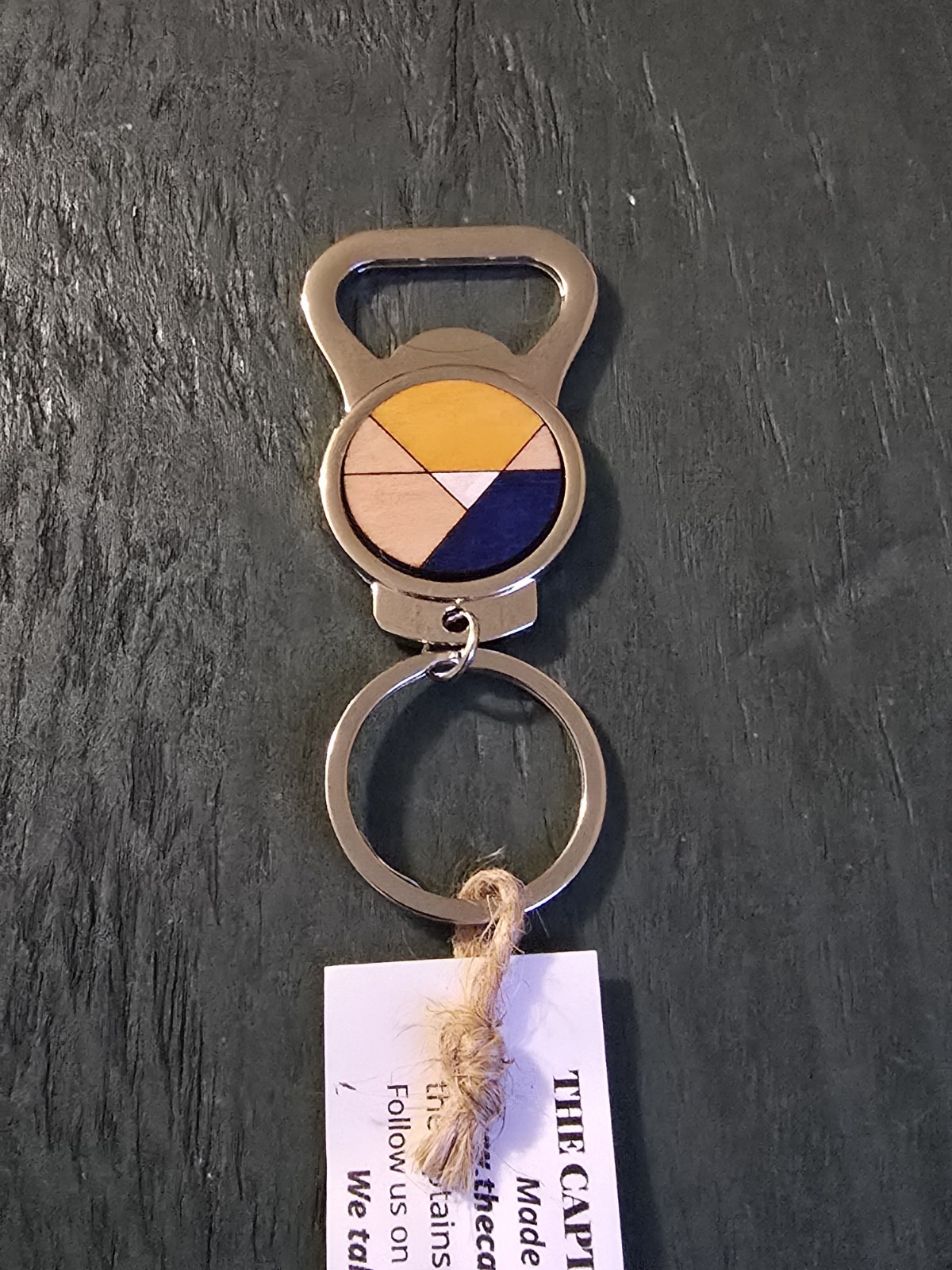 Stainless Keychain with Bottle Opener Geometric Wood Inlay D