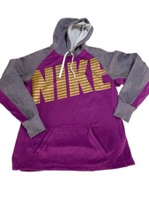 Nike Therma Fit Spellout Logo Hoodie Sweatshirt Purple Gold Womans Size M