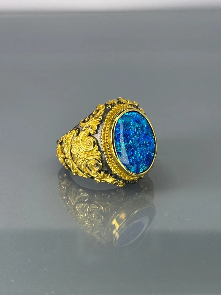 Opal 925 Sterling Silver Men’s Ring, Bold Vintage Style, Blue Opal Signet Ring - Image 3 of 4