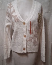 New 33 DEGREES Size Extra Small Snowflake Graphic Cardigan VERY SOFT White/Gold