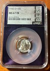 1943 D NGC RARE MS67, FB Full Bands Mercury Dime — photo 1