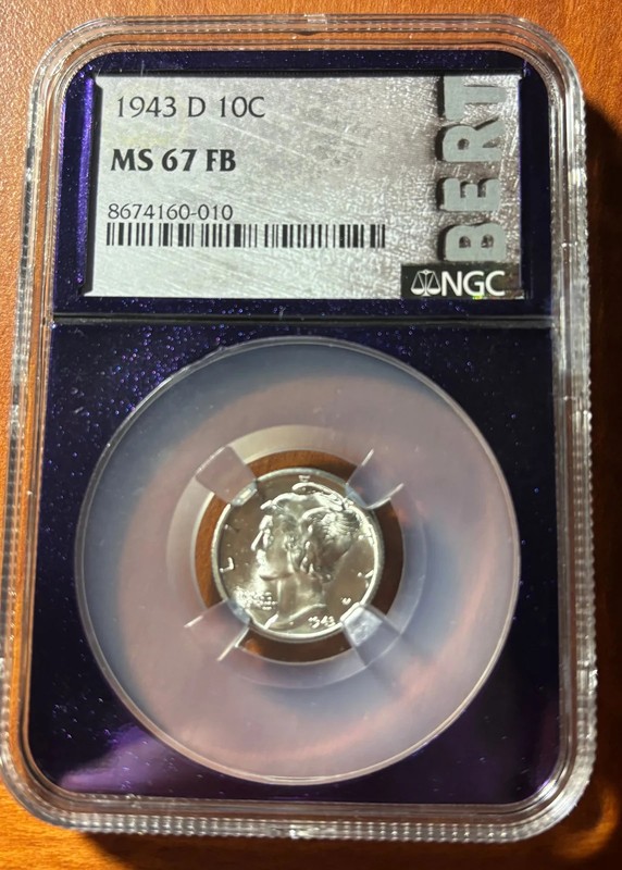 1943 D NGC RARE MS67, FB Full Bands Mercury Dime