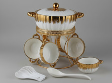 White Stunning Soup Noodle Bowl Serving Set Luxury Gold Ceramic Hotpot Gift