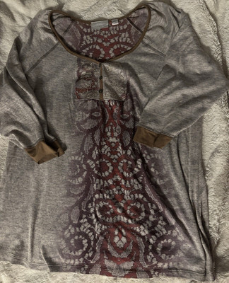 Avenue Women's Plus 18/20 Gray Red Paisley Knit Tunic Top 3/4 Studded