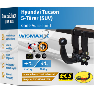 ANHÄNGERKUPPLUNG abnehmbar für Hyundai Tucson 15-18 +13pol E-Satz ABE