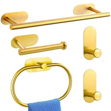 5PCS Brushed Gold Bathroom Accessories Set 16" Towel Bar, Hook, Ring & Holder
