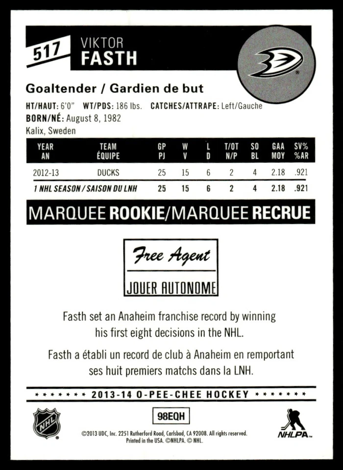 2013-14 O PEE CHEE RAINBOW Viktor Fasth Rookie Anaheim Ducks #517 - Image 2 of 2