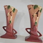 Roseville Art Pottery Ceramic Floral Vases Pair Pink Green Cream Brown Art Deco
