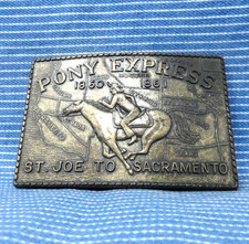 Pony Express Belt Buckle Mail Rider St Joe Sacramento 1860 1861 Vtg 70s .PCB940