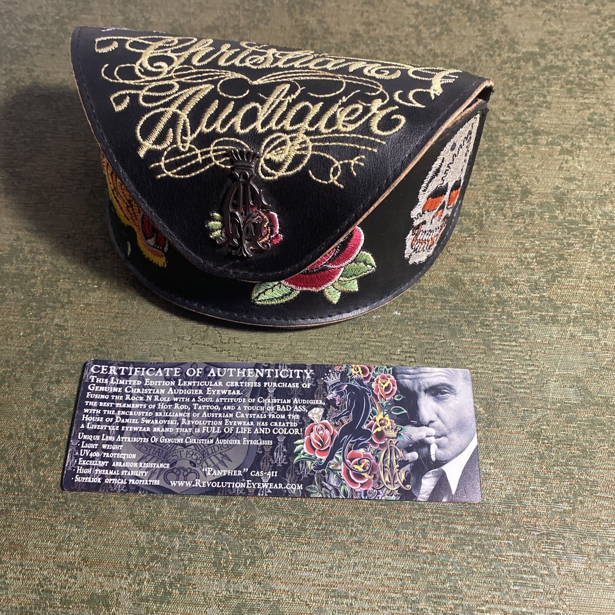 Vintage Christian Audigier Sunglasses Case Embroidered Leather Rose Tiger Design Christian Audigier Sunglasses Case Embroidered Leather | eBay main image 3