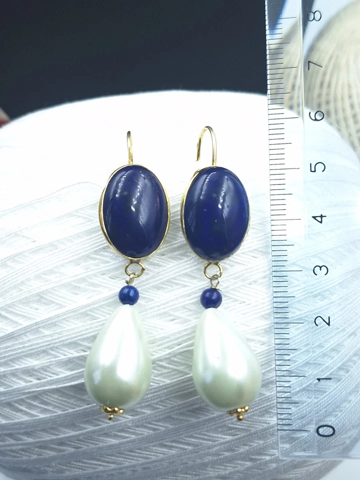 ORECCHINI  ARGENTO 925 DORATO  LAPIS  CABOCHON E  PENDOLI PERLA  - Immagine 4 di 4