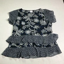 Cabi Womens Hybrid Tiered Blouse Floral Print Ruffled Short Sleeve Top SMALL