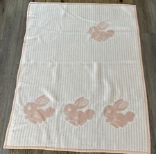 VTG MORA Arcrilyc Blanket Pink Peach White Pinstripe Design W/Bunnies Spain
