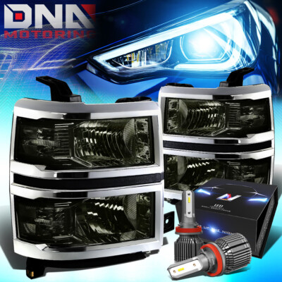 FOR 2014-2015 CHEVY SILVERADO 1500 CORNER EURO HEADLIGHTS W/LED KIT+ FAN SMOKED