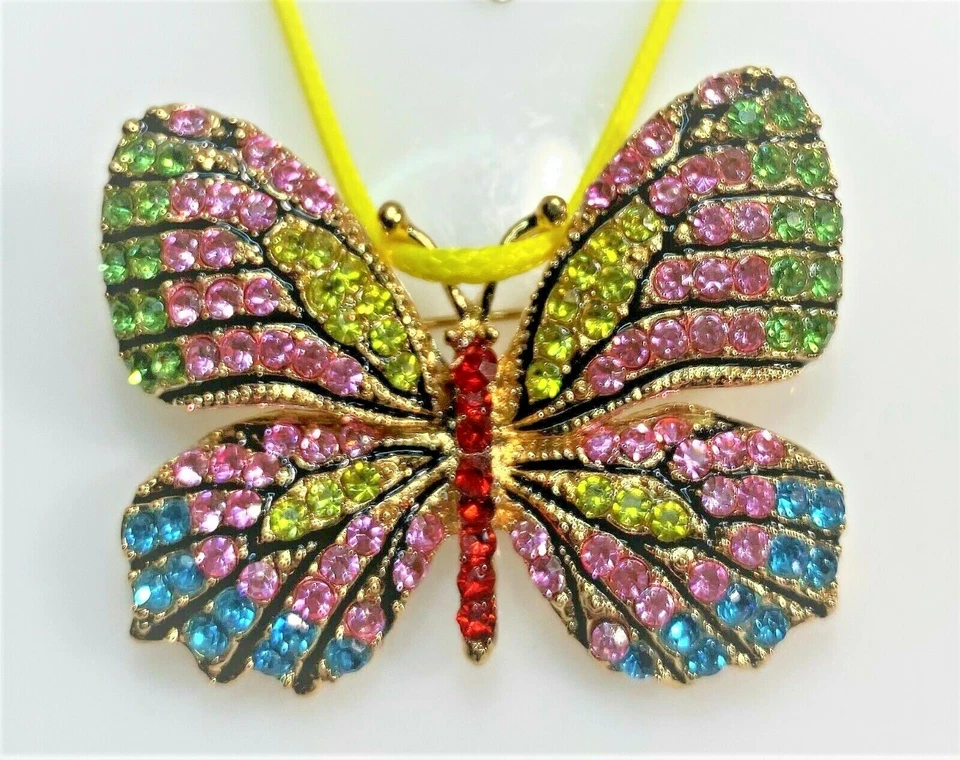 MULTI COLOR RAINBOW CRYSTAL BUTTERFLY PIN/PENDANT YELLOW LEATHER CORD - Image 4 of 4
