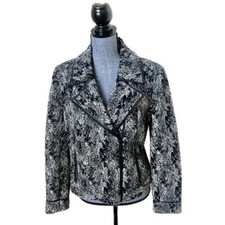CLASSIQUES ENTIER BLACK WHITE WOOL W/LEATHER TRIM MOTO JACKET-S-NWT- 80