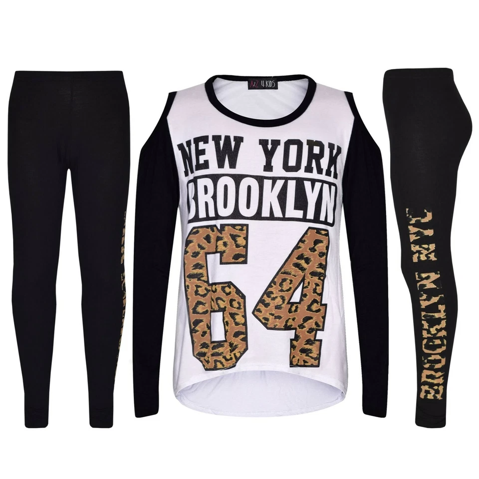 Enfants Filles Haut New York Brooklyn 64 Imprimé Blanc T-Shirt & Leggings Set - Photo 1/1