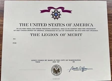 Original Government Issue Army Legion of Merit Award Certificate (1975-1977)