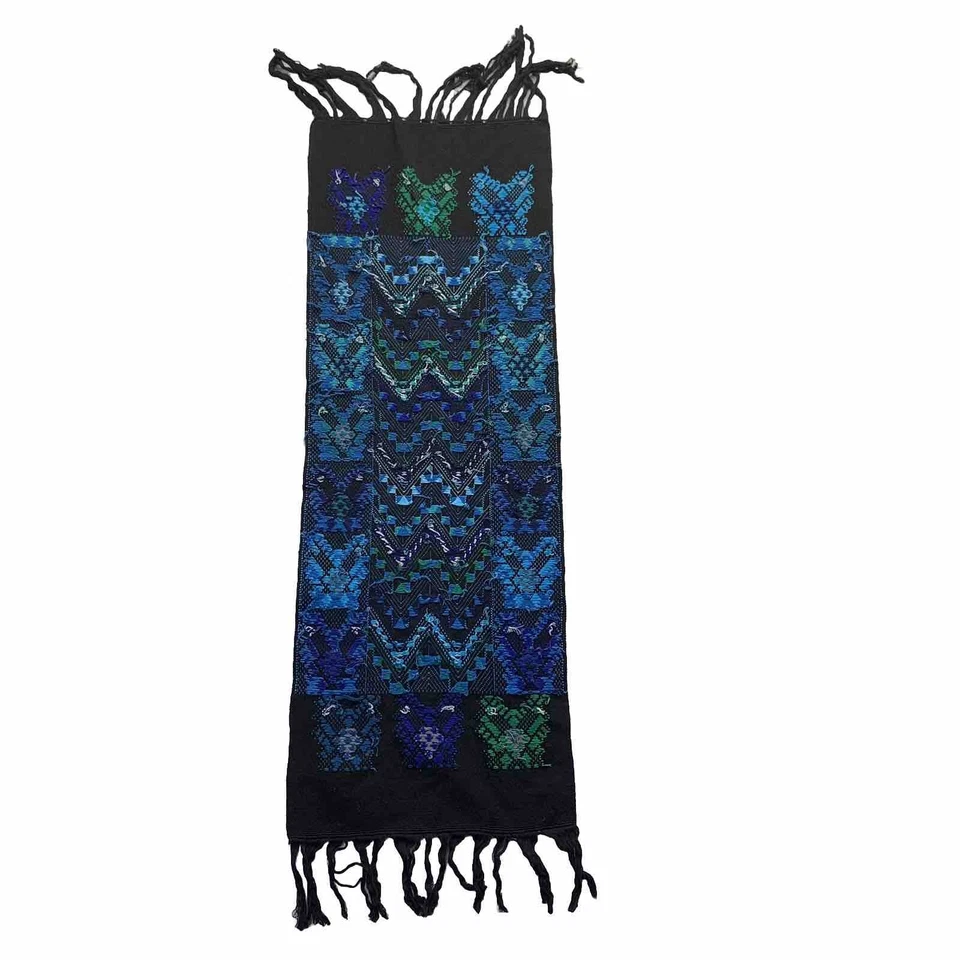 Hand Woven 45x15.5 Blue Textile Wall Art Hanging Fringe Colorful Table Runner - Image 2 of 4