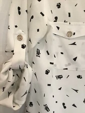 Karl Lagerfeld Blouse Shirt XS White Black Print Sunglasses Paris Tab Sleeve