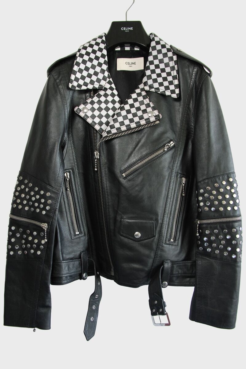 Celine Leather Biker Jacket Checkered Studded Damier Hedi Celine Leather Biker Jacket Checkered Studded Damier Hedi