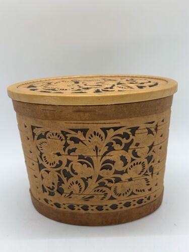 Vintage Russian Birch Bark and Wood Trinket Jewelry Box Folk Art 