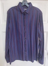 LANVIN PARIS Mens Cotton Shirt Long Sleeve Check Blue/Burgundy  Sz 42 16 1/2