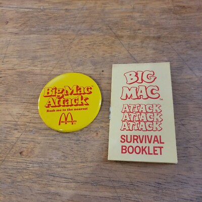 Vintage ''Big Mac Attack'' McDonald's Restaurant pin survival booklet card 