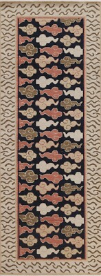 Geometric Art Deco Turkish Runner 2' 8'' x 7' 9'' Rug Navy Blue Hand-knotted Wool