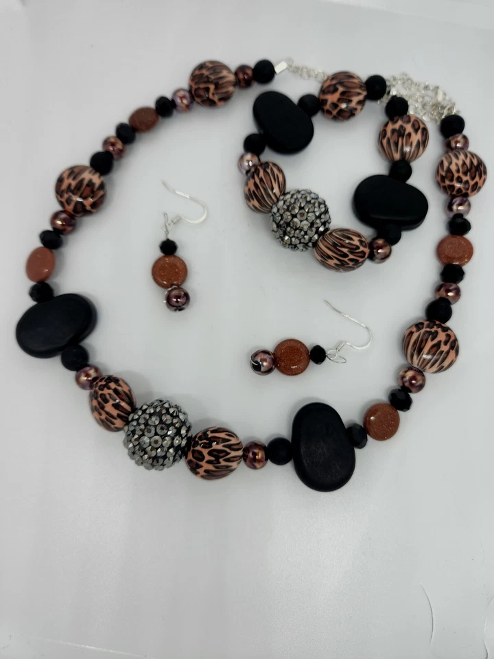 JUEGO DE PULSERAS COLLAR Cuentas Leopardo Hecho a Mano Vidrio PIEDRA ARENISCA Cuentas H1 Foto 4 de 4