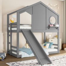 Twin House Bunk Bed w/Slide & Storage Shelves,Wood House Loft Bed w/Window Gray