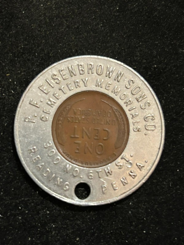 1947 Reading Pennsylvania Encased Cent Token Eisenbrown Cemetery Memorials PA242