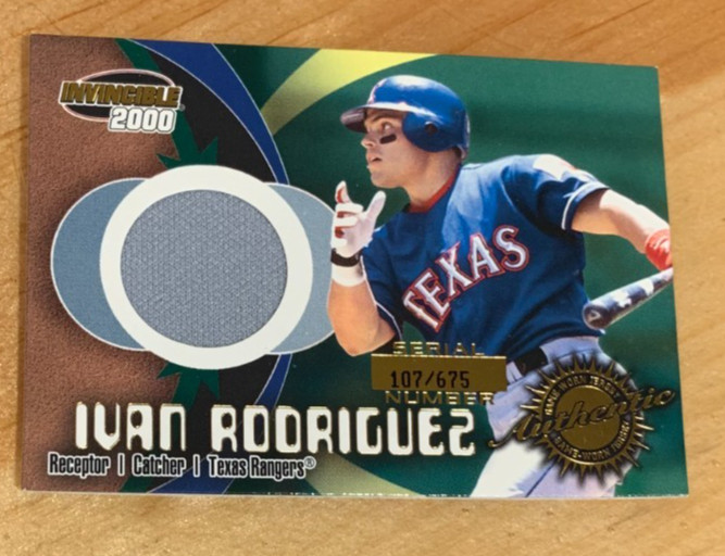 Rare 2000 Pacific Invincible #9 Ivan Rodriguez Rangers Game Used Jersey #107/675