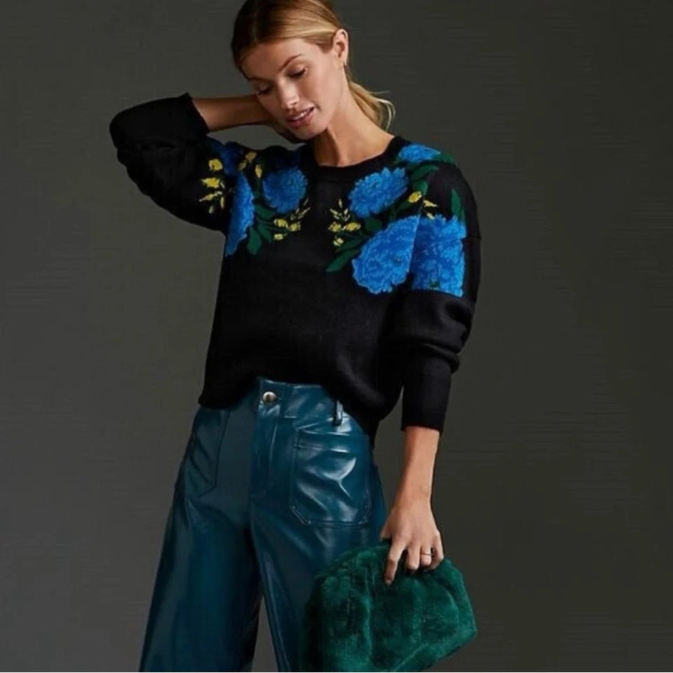 Suéter Anthropologie Maeve Floral Camryn Cuello Redondo Talla XS Cuadrado Negro Delicado Foto 4 de 4