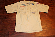 Boy Scouts of America BSA Youth Shirt Tan Large Sewn Patches Short Sleeve