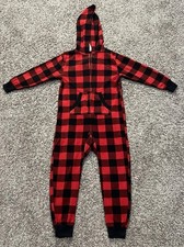 One Piece Hoodie Red Black Plaid Fleece Zip Up Christmas Pajamas Boys/Girl Sz 5