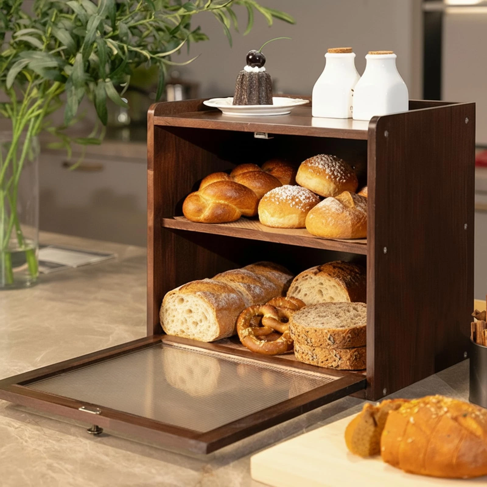 CheerNest Solid Wood Bread Box for Kitchen Countertop, 2Layer Large Capacity ...