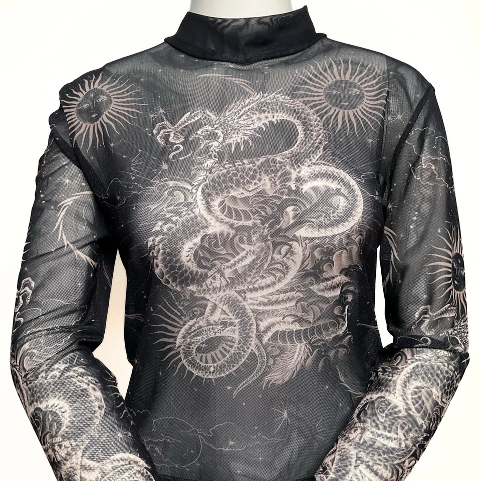 Top de malla negra transparente BDG Dragon Celestial para mujer talla L grunge Y2K arte caprichoso Foto 2 de 4