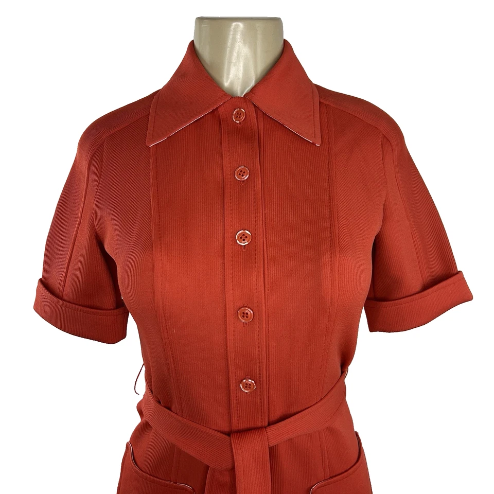 1960s Dress Vintage Mod Ribbed Knit Coral Orange Belted Button Front Butte Knit - Image 2 of 4